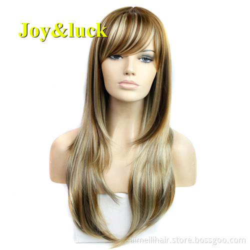 Long Straight Wig Brown Mix Blonde Synthetic Wigs for Women High Temperature Fiber Cosplay Or Daily Hair Wig